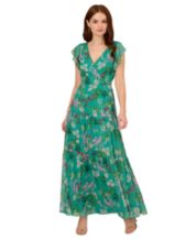 Entyinea Womens Summer Dresses V Neck Ruffle Sleeve A-Line Maxi Dress With  Belted Dark green XL 