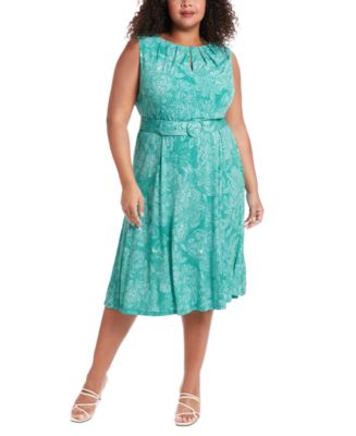 London Times Plus Size Printed Belted Fit & Flare Dress - Macy's