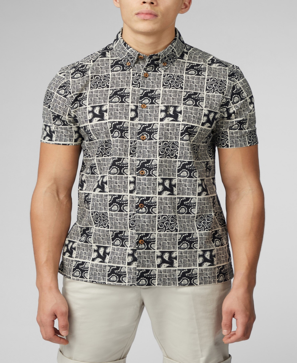 Shop Ben Sherman Men's Checkerboard Paisley Print Short Sleeve Shirt In Black