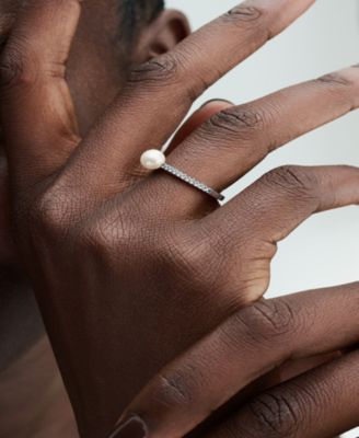 Sterling Silver Timeless Treated Freshwater Cultured Pearl Pave Ring