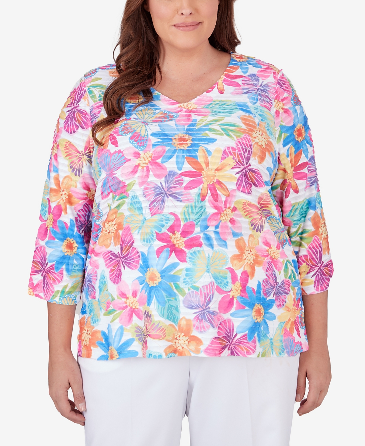 Shop Alfred Dunner Plus Size Paradise Island Floral And Butterfly Pleated Ruffle Top In Multi
