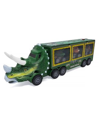 Dino Transport Truck Play set: 14" Long with Light & Music, 3 Cars, 27 Mini Dinosaurs, Props, Car Launcher, and Ramp