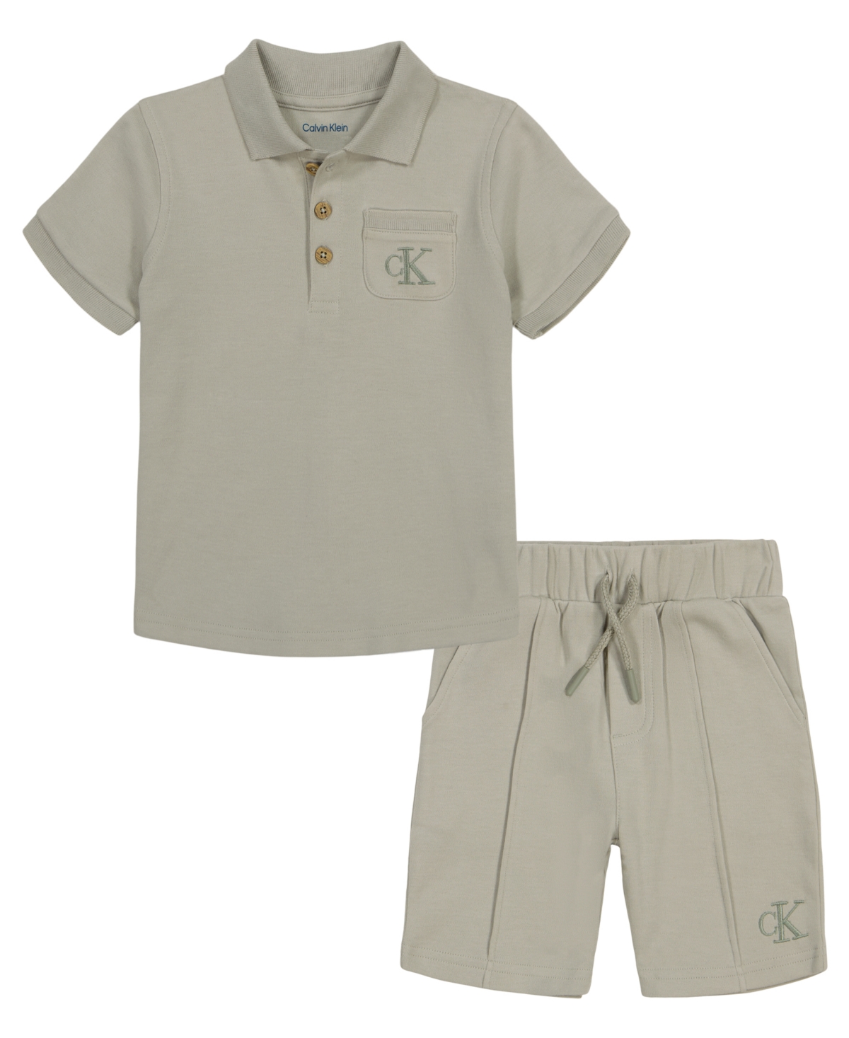 Calvin Klein Baby Boys Short Sleeve Polo Shirt And Sporty Knit Shorts, 2 Piece Set In Olive