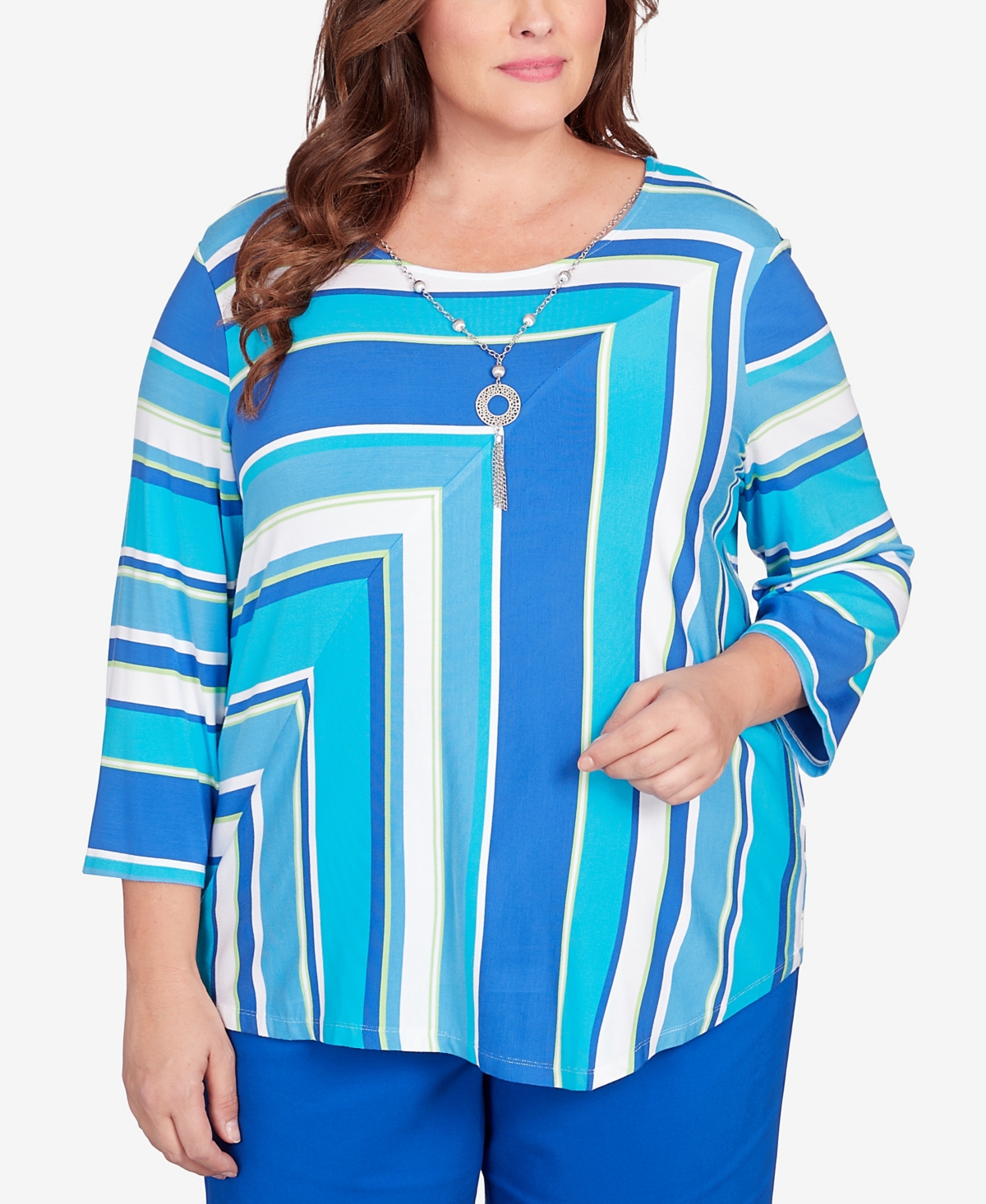 Shop Alfred Dunner Plus Size Tradewinds Corners Striped Top With Necklace In Multi