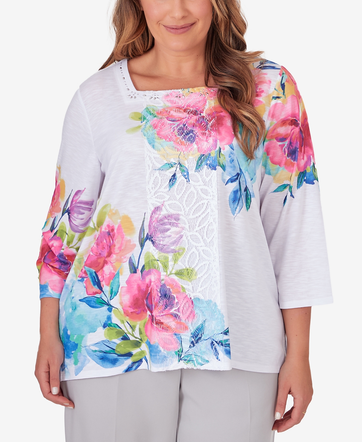Shop Alfred Dunner Plus Size Paradise Island Long Sleeve Flower Lace Top In Multi