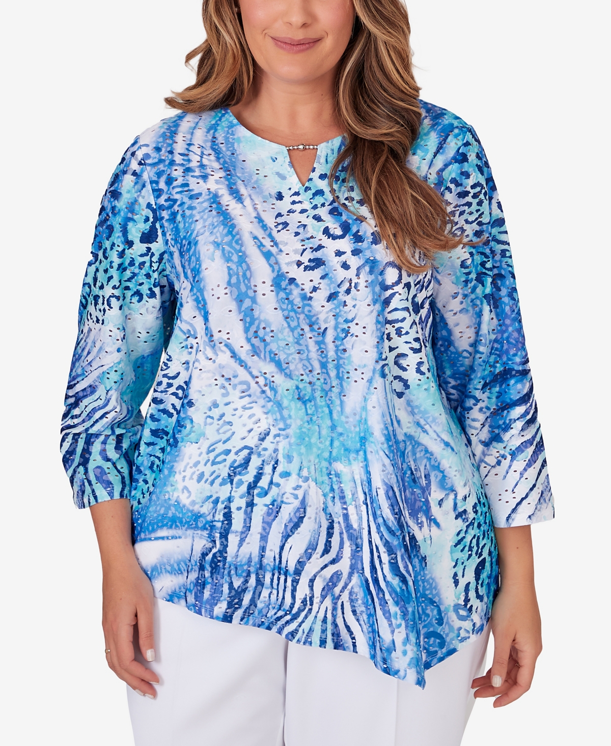 Shop Alfred Dunner Plus Size Paradise Island Animal Print Eyelet Top In Perriwinkle