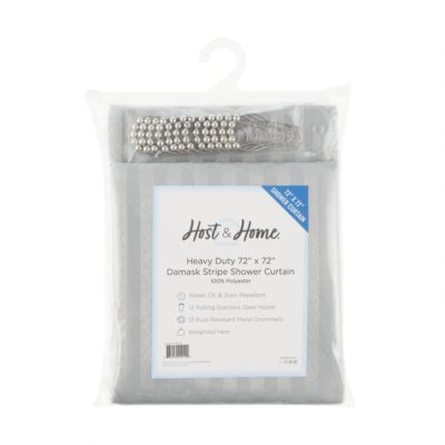 Host & Home Damask Shower Curtain Set with 12 Metal Rolling Rings, Weighted Hem, Rust-Proof Grommets, Fine 100% Polyester Yarn, 72x72, Three Proof Treatment Repels Water, Stains & Oil