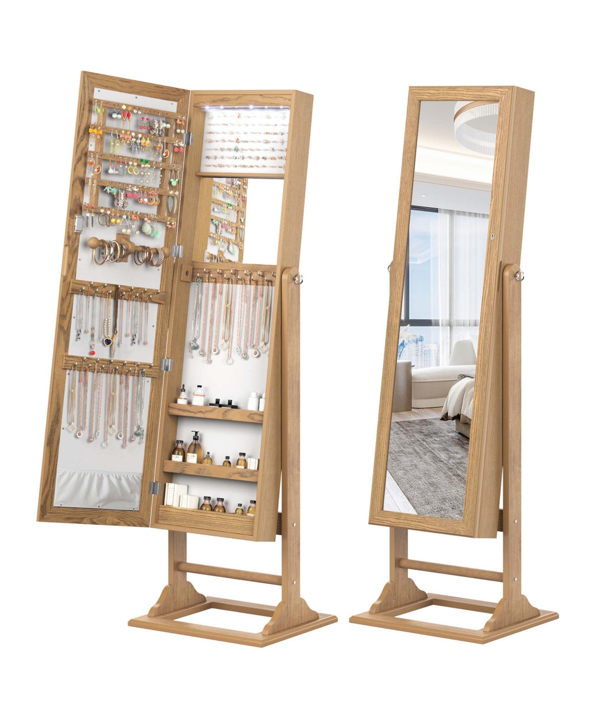 Jewelry Cabinet Full-Length Mirror Lockable Jewelry Armoire with 6 Lights - Natural