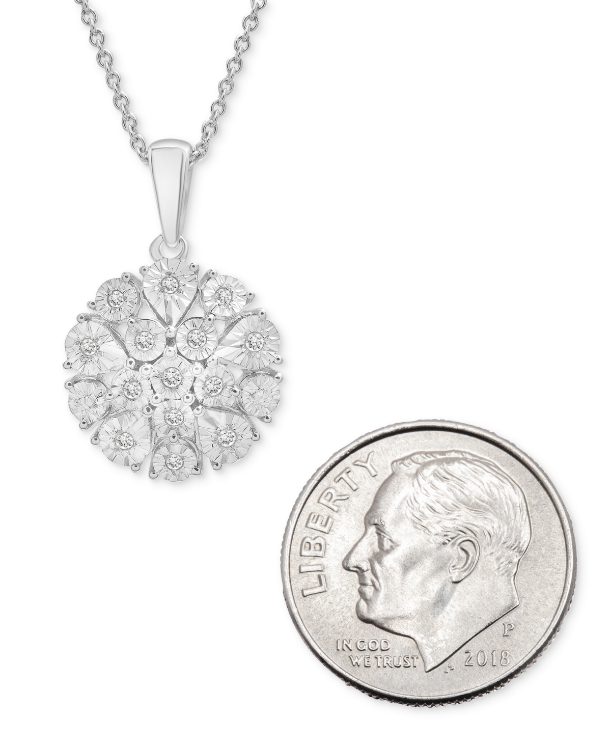 Macy's Diamond Flower Burst Cluster 18" Pendant Necklace (1/10 Ct. T.w.) In Sterling Silver, Created For Ma In Sterling Silver
