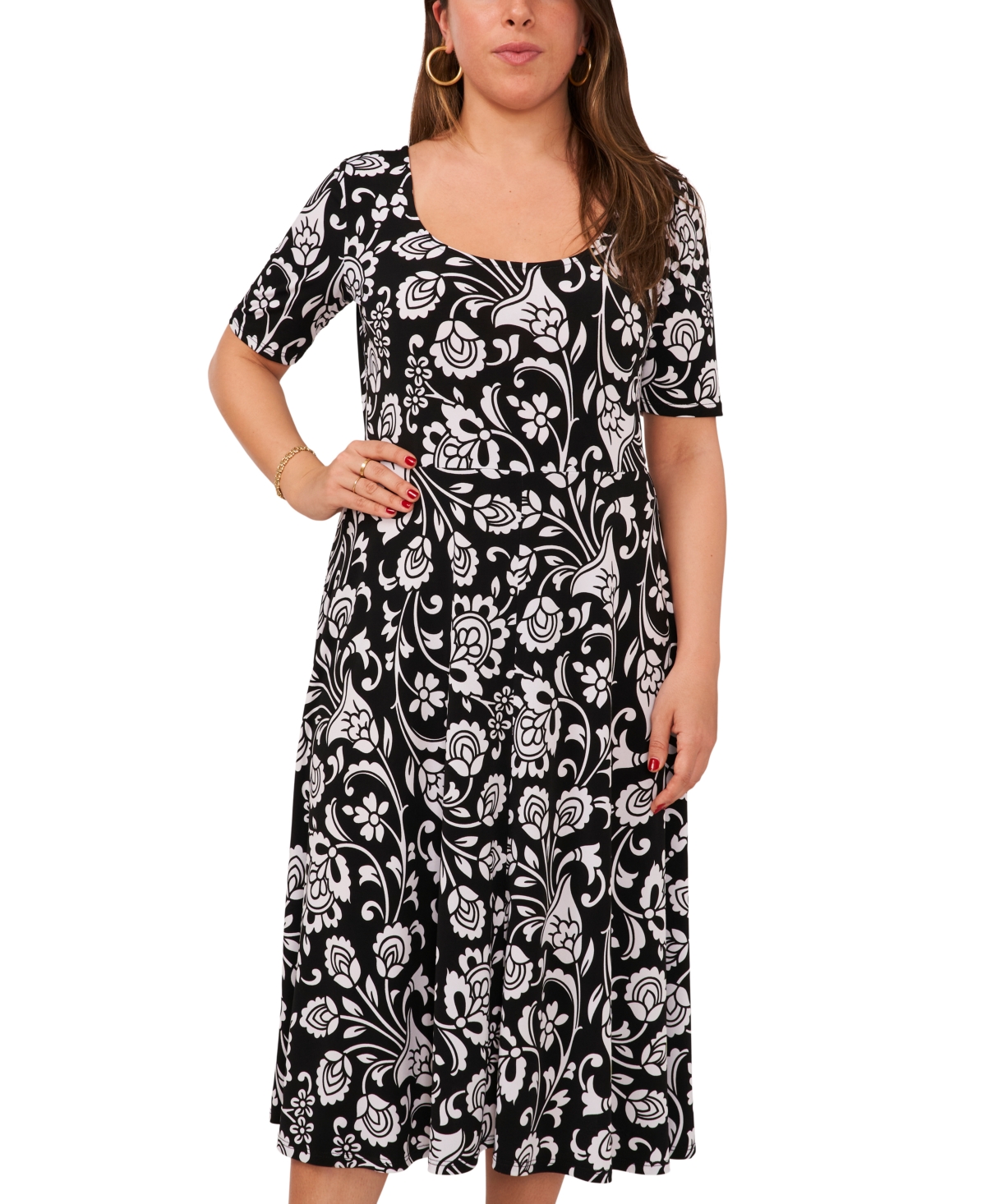 Shop Msk Petite Floral Elbow-sleeve Pullover Midi Dress In Rich Black