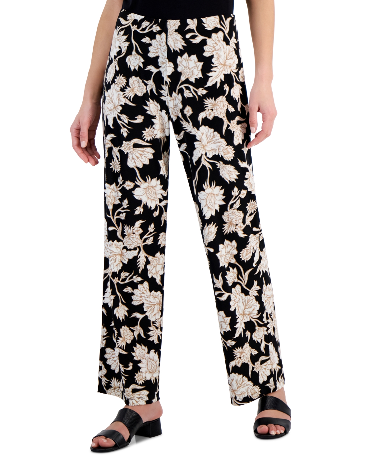 Women's Elena Printed Wide-Leg Knit Pull-On Pants, Created for Macy's - Deep Black Combo