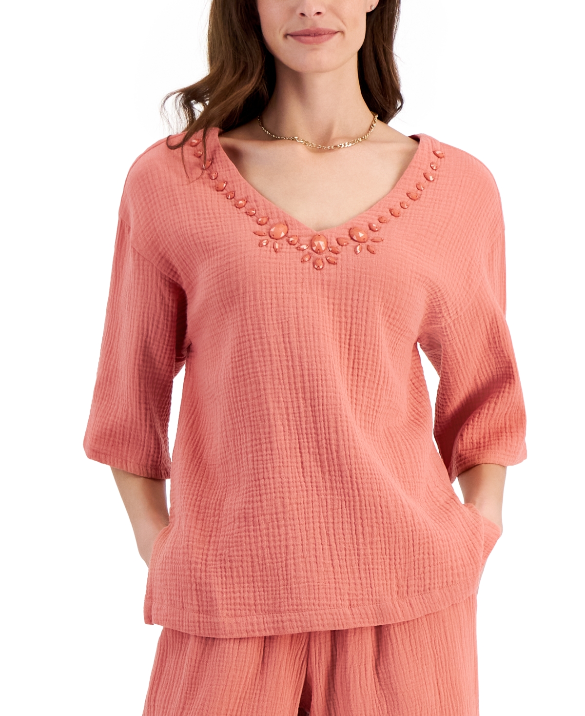 Jm Collection Women's Cotton Guaze Beaded V-neck Top, Created For Macy's In Peach Bliss