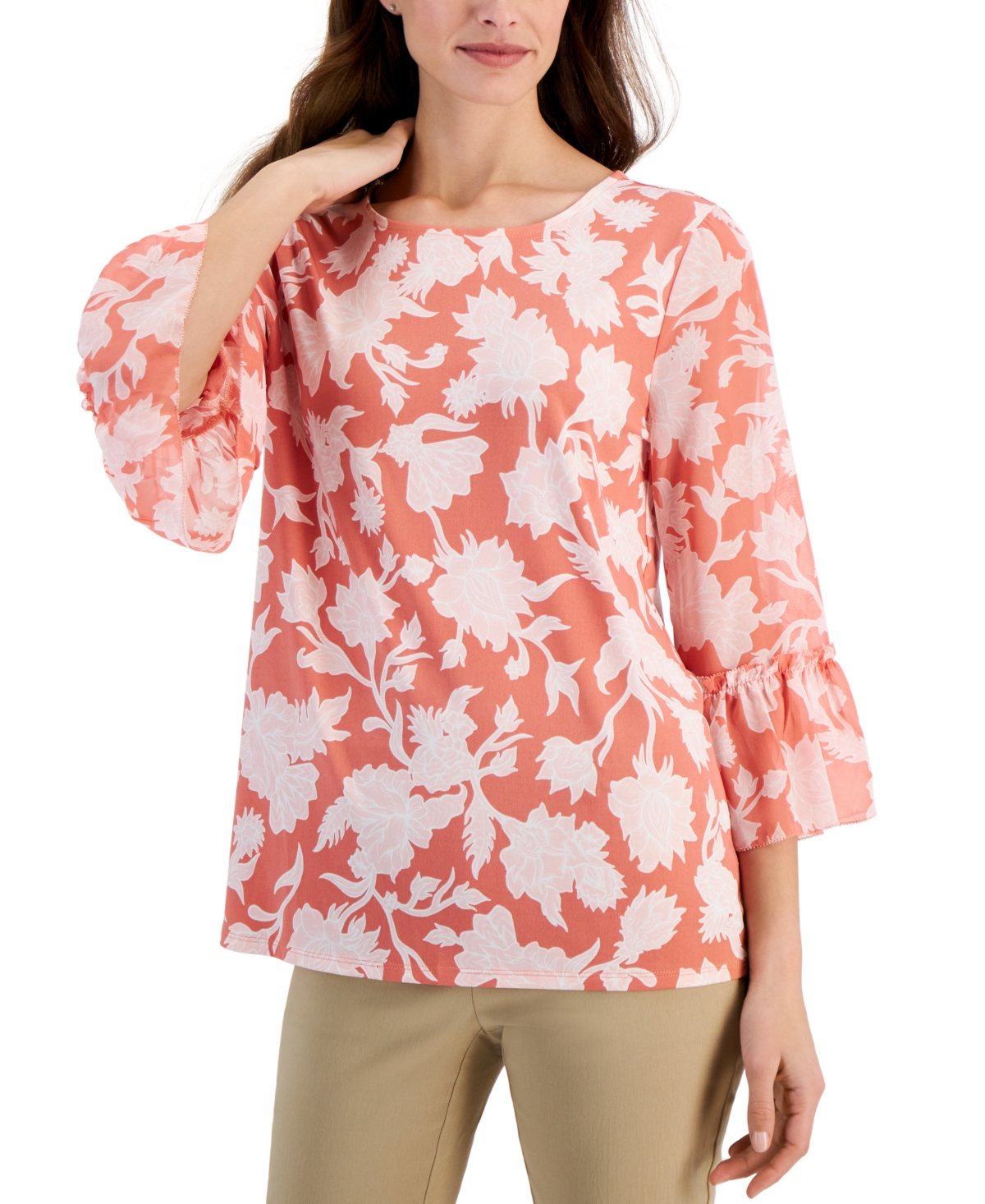Jm Collection Women's Printed Ruffled-sleeve Top, Created For Macy's In Peach Bliss Combo