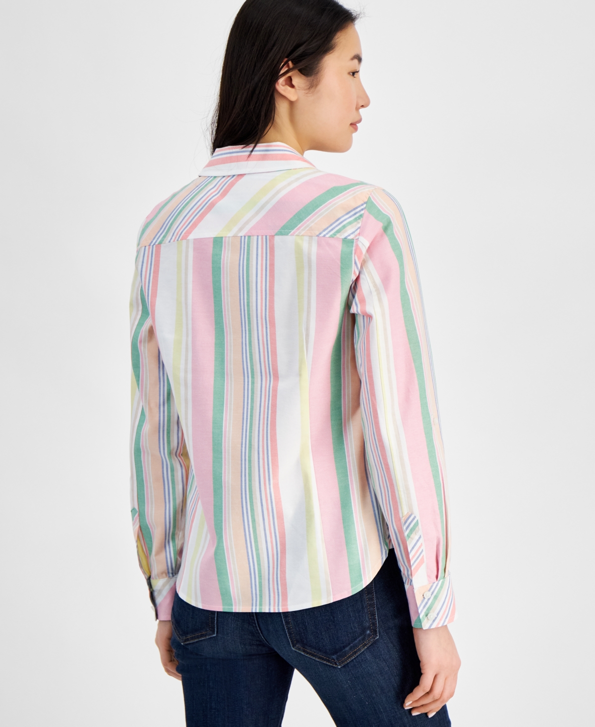 Shop Tommy Hilfiger Women's Cotton Striped Roll-tab Shirt In Dark Pink