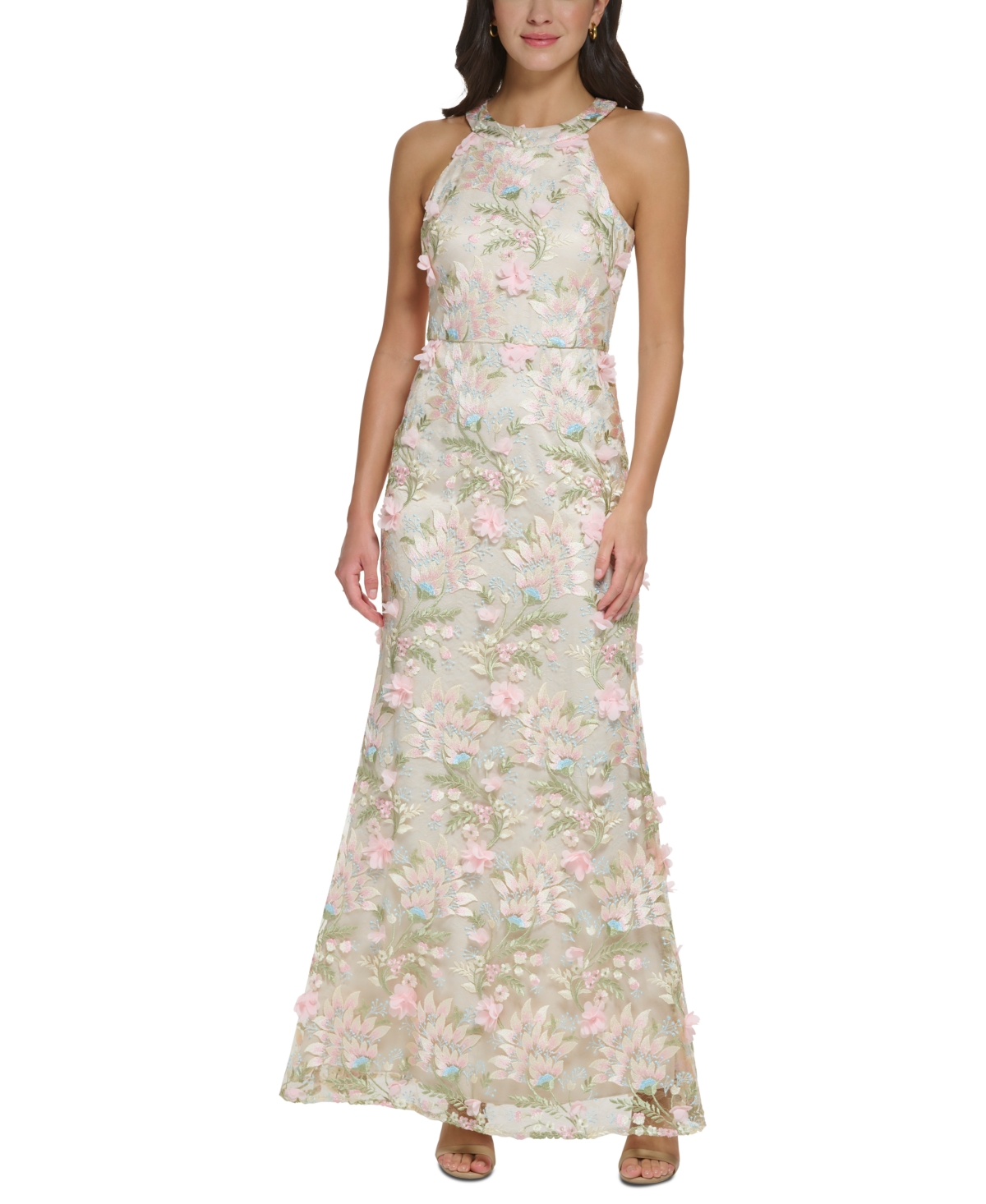 Eliza J Petite Floral-applique Embroidered Gown In Pink Champagne