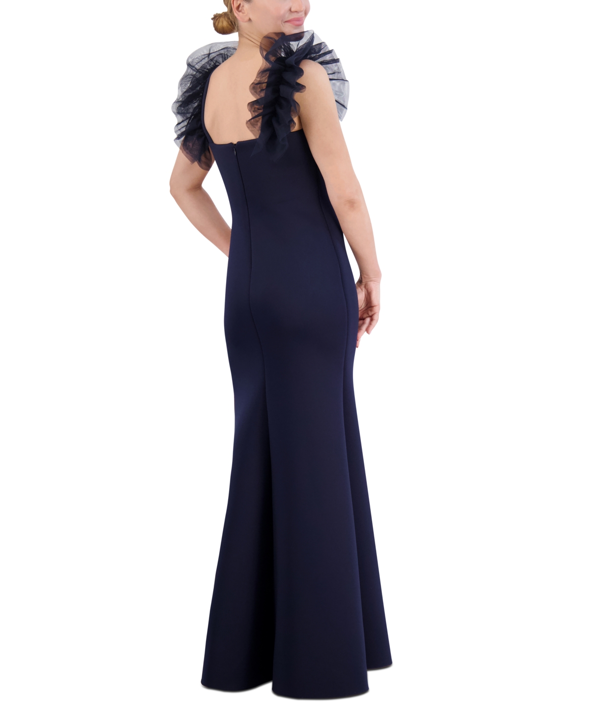 Shop Eliza J Petite Ruffled Tulle-trim Gown In Navy