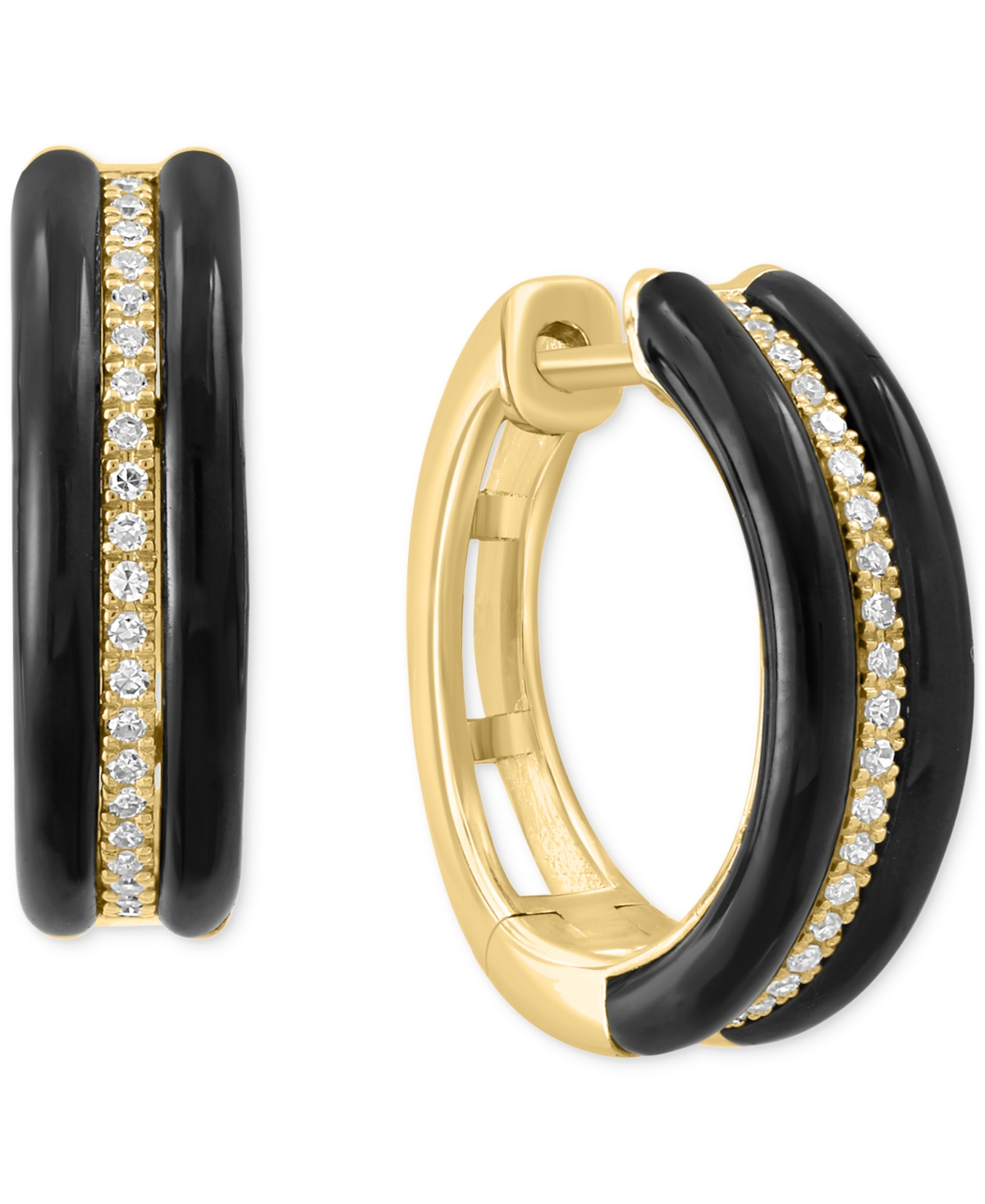 Shop Effy Collection Effy Onyx & Diamond (1/8 Ct. T.w.) Small Huggie Hoop Earrings In 14k Gold, 0.625" In Yellow Gold