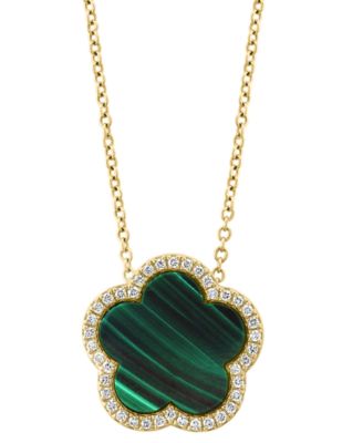 EFFY&reg; Malachite & Diamond (1/6 ct. t.w.) Flower Halo 18" Pendant Necklace in 14k Gold (Also in Onyx)