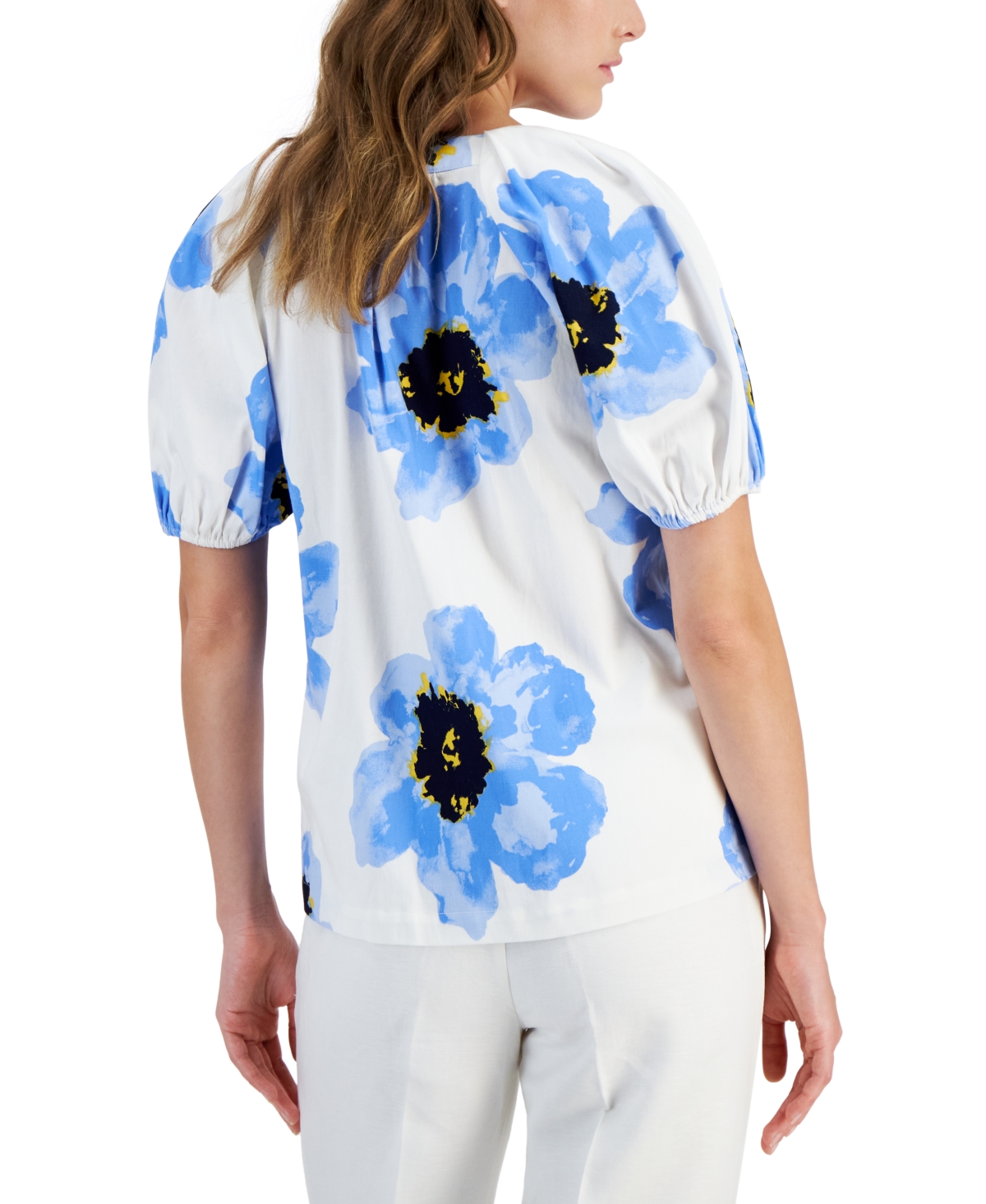 Anne Klein Petite Floral-Print Raglan Puff-Sleeve V-Neck Blouse - Shore Blue