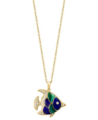EFFY Collection - Lapis Lazuli, Malachite, & Diamond (1/6 ct. t.w.) Fish 18" Pendant Necklace in 14k Gold
