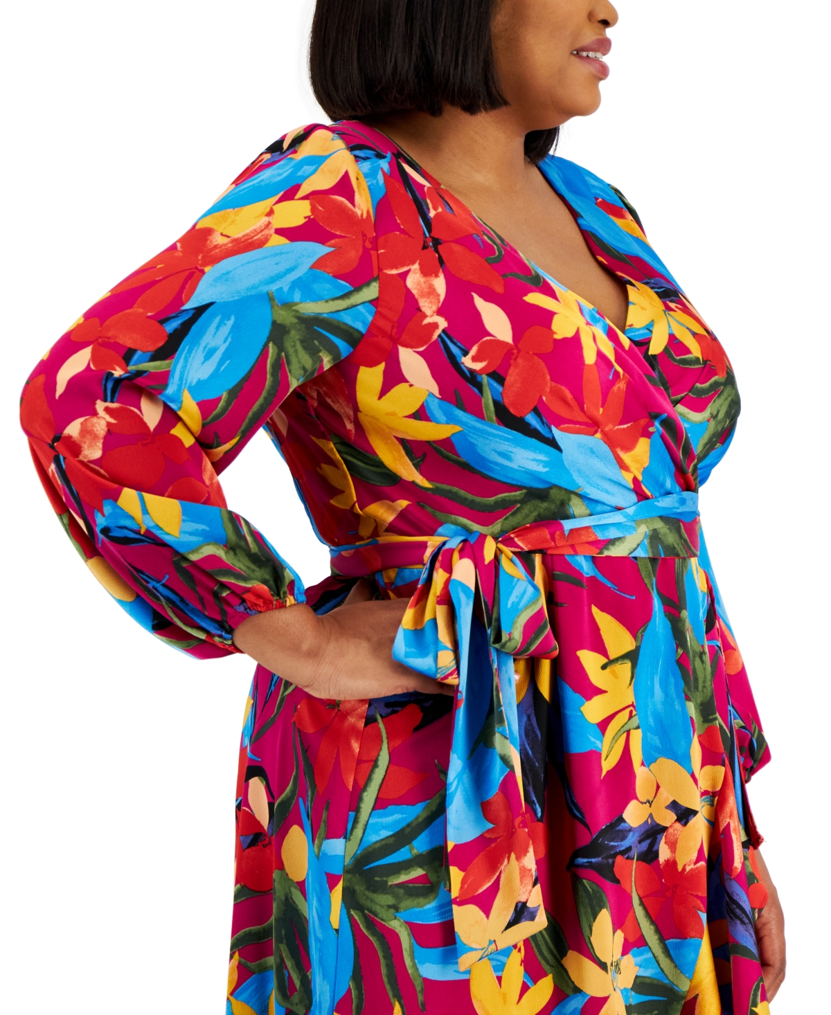 Shop Tahari Plus Size Printed Long-sleeve Satin Faux-wrap Dress In Wild Berry Multi