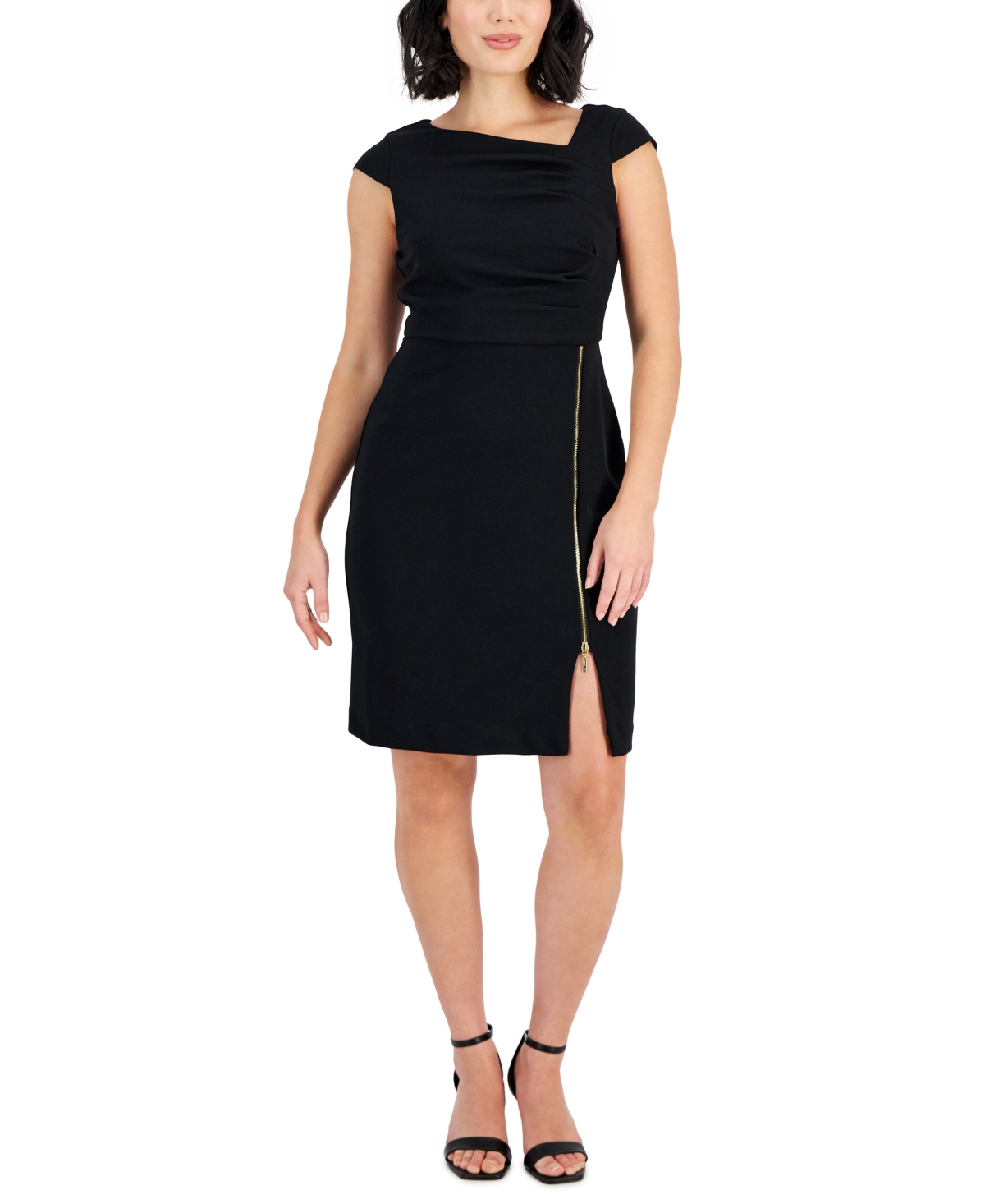 Petite Asymmetric-Neck Zip-Skirt Sheath Dress - Black
