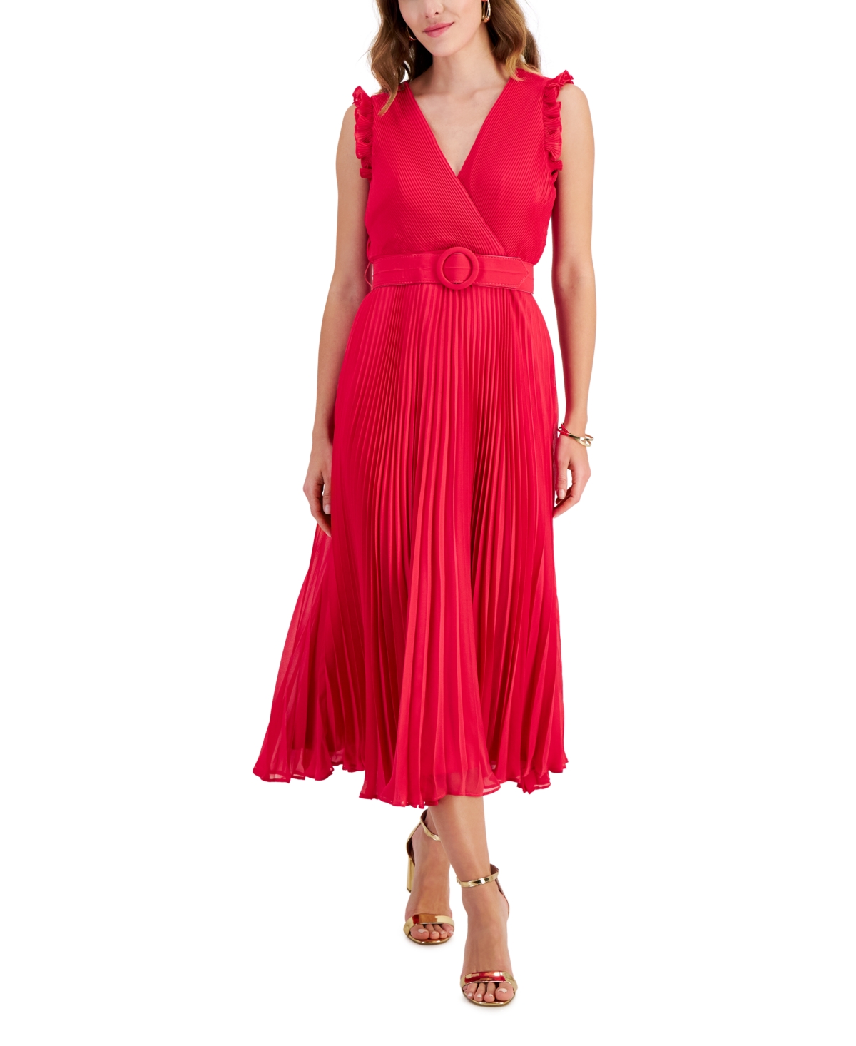 Women's Belted Pleated Chiffon Midi Dress - Strawberry
