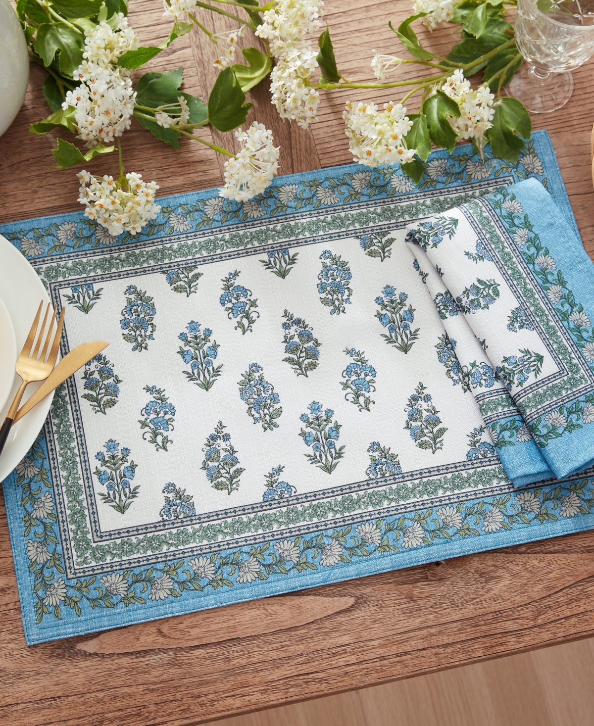Tropez Block Print Stain Water Resistant Indoor and Outdoor Placemats, Set of 4,