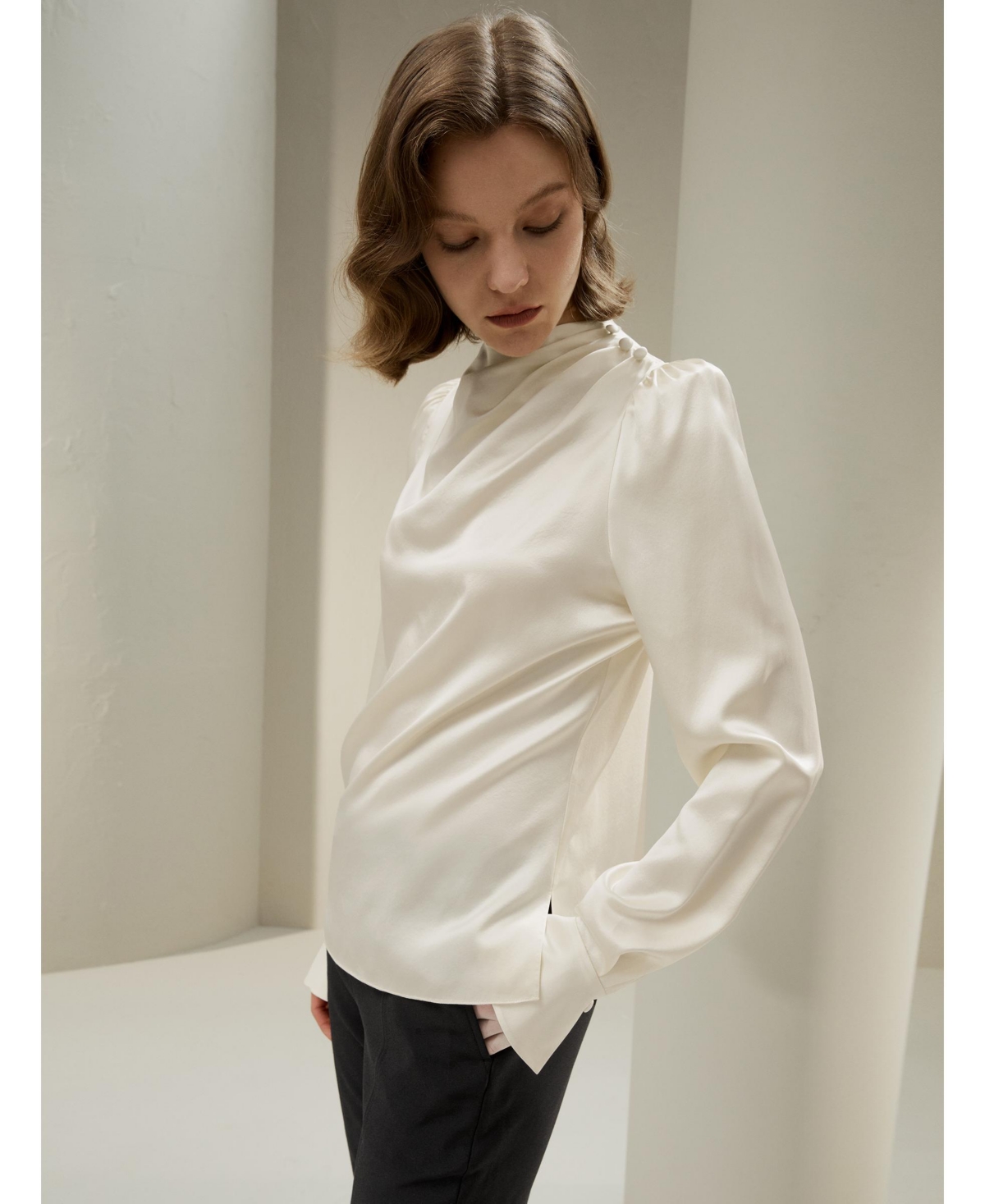Lilysilk Women's Asymmetrical Silk Blouse with Puff Sleeves for Women