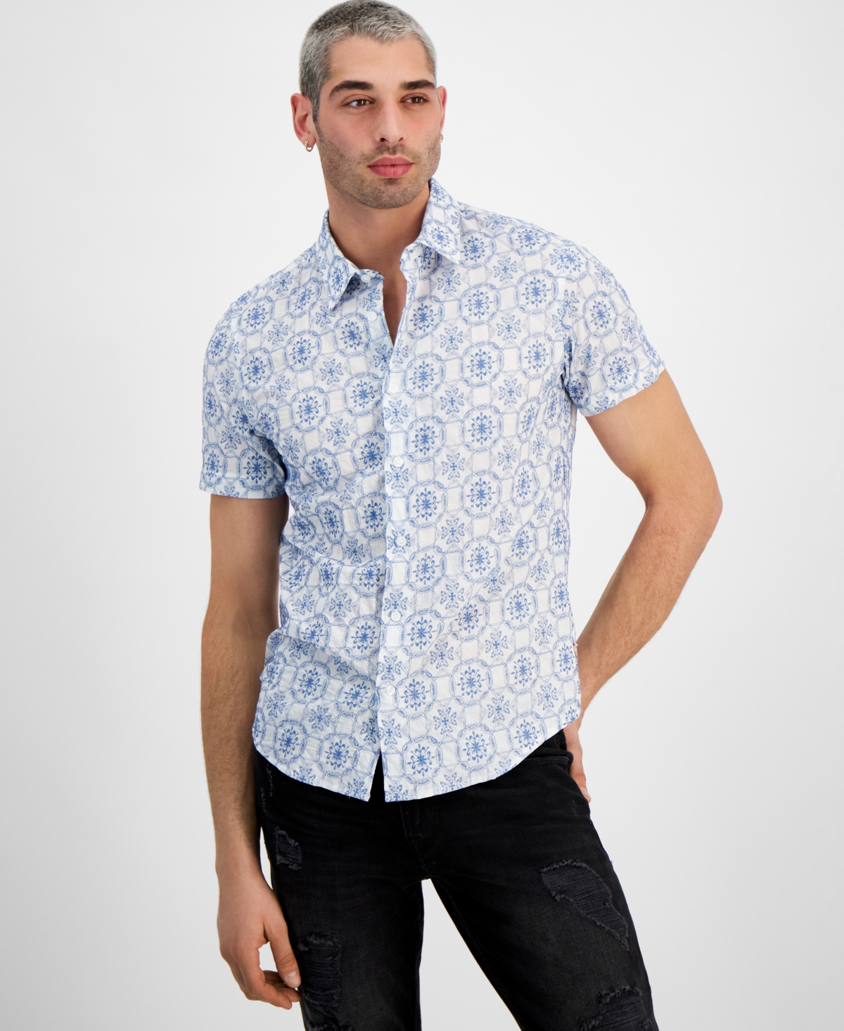 Men's Regular-Fit Mosaic Embroidery Shirt - PARTLY CLOUDY MULTI