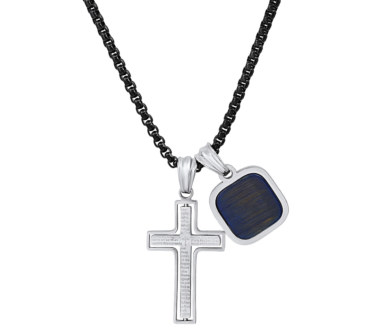 Shop Steeltime Men's Silver-tone Lords Prayer Cross & Square Pendant Necklace, 24" In Black,silver,blue