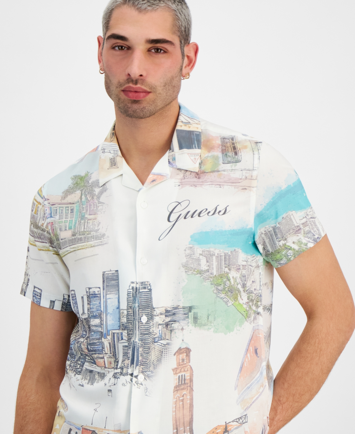 Shop Guess Men's Regular-fit Riviera Graphic Shirt In Riviera Postcard
