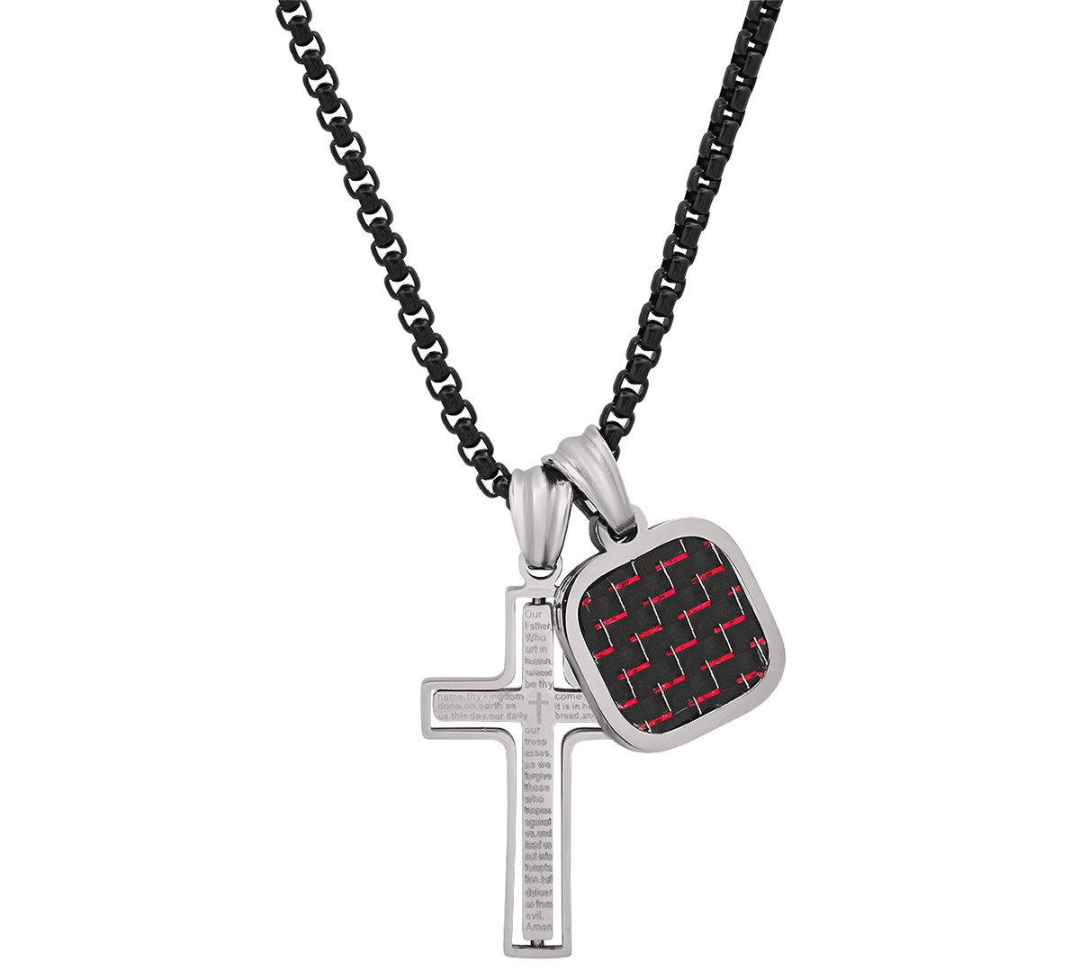 Shop Steeltime Men's Silver-tone Lords Prayer Cross & Square Pendant Necklace, 24" In Black,silver