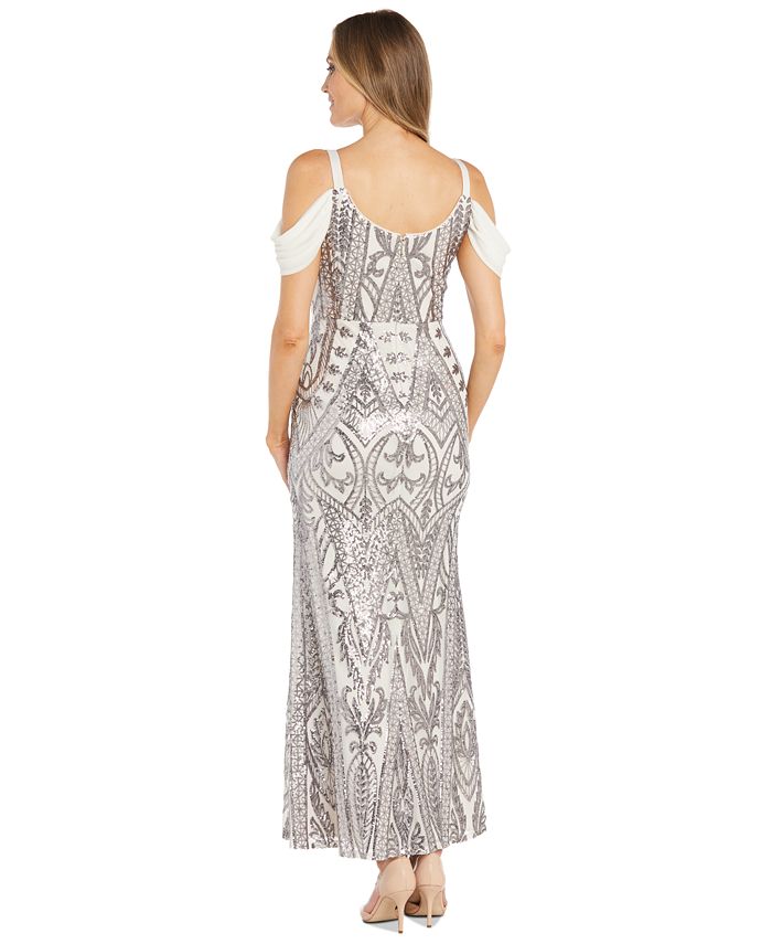 Nacreous Sequin Embroidered Silk V-Neck Gown With Crystal Belt And Fringed Skirt