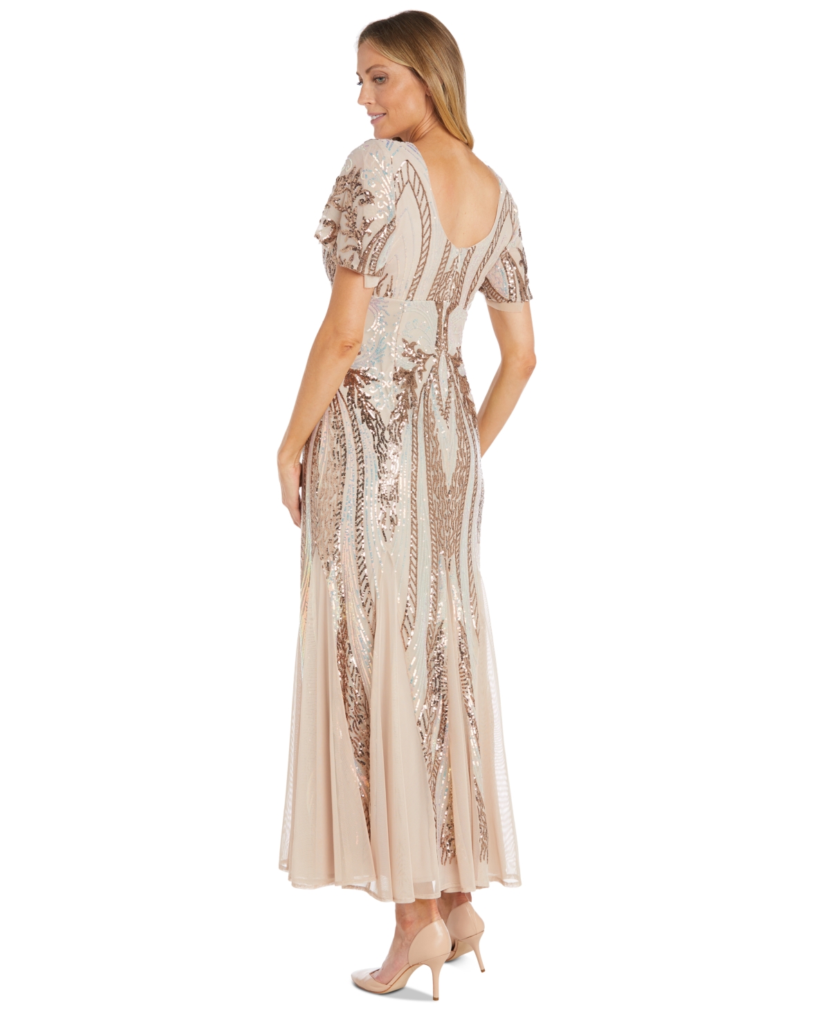 Shop R & M Richards Women's Sequin Embellished Flutter-sleeve V-neck Gown In Champagne