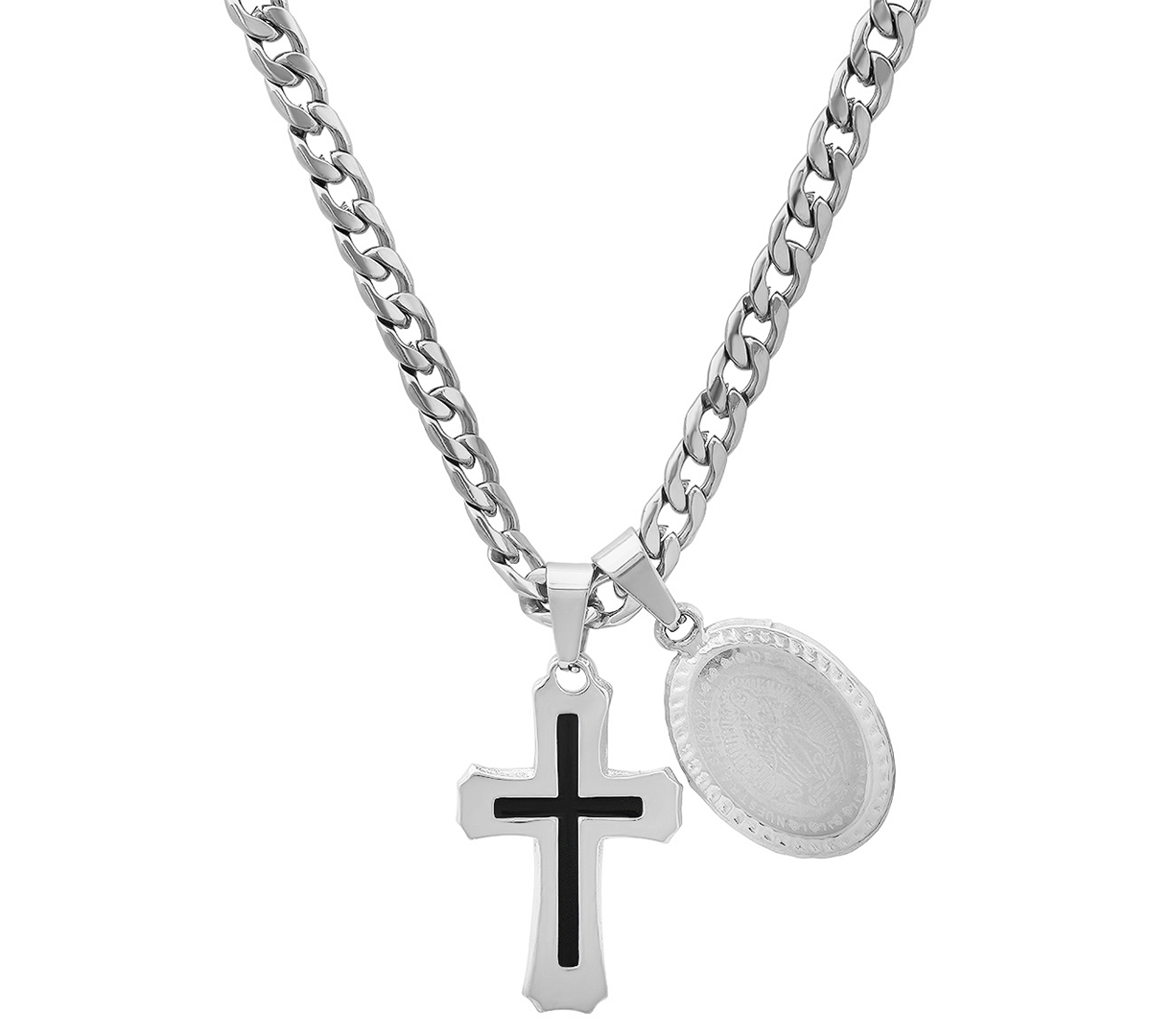Steeltime Men's Cross & Guadalupe Oval Pendant Necklace, 24"