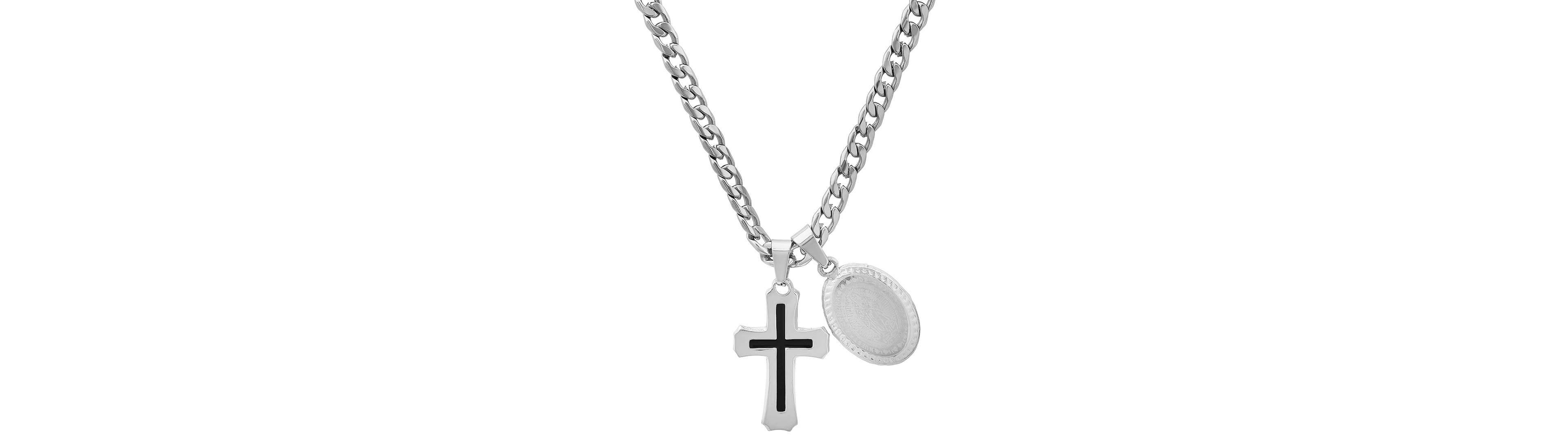 Steeltime Men's Cross & Guadalupe Oval Pendant Necklace, 24"