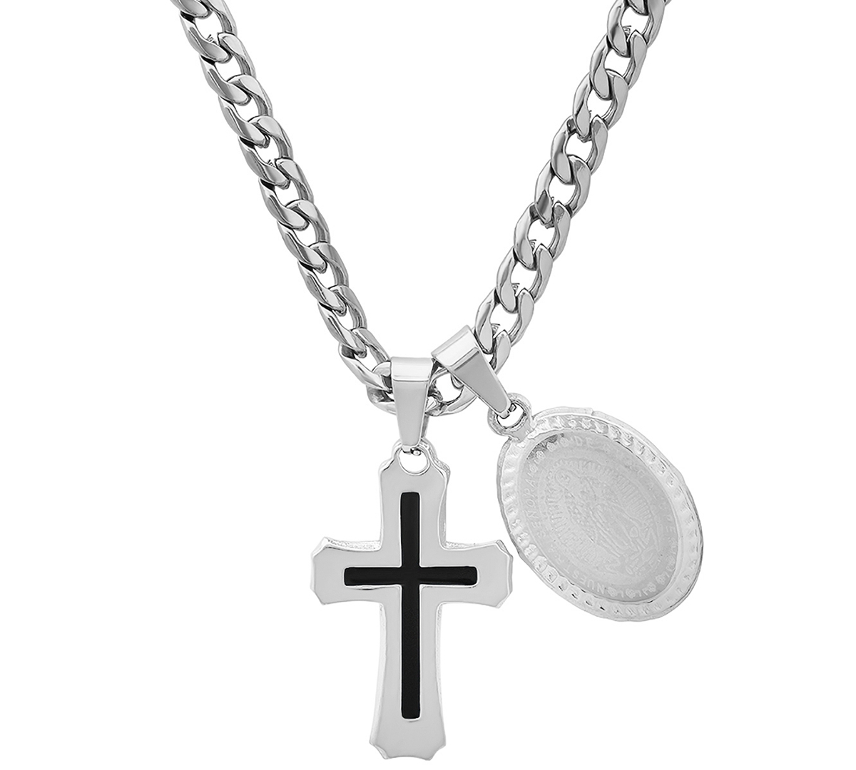 Steeltime Men's Cross & Guadalupe Oval Pendant Necklace, 24"