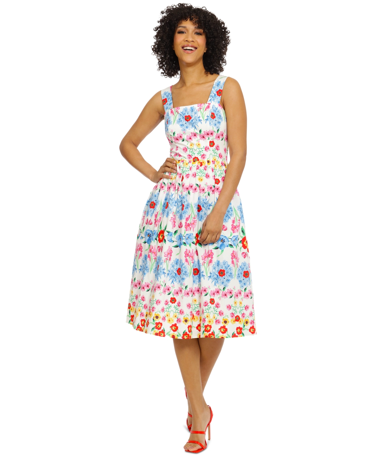 Women's Floral-Print Fit & Flare Dress - Soft White/bluebell