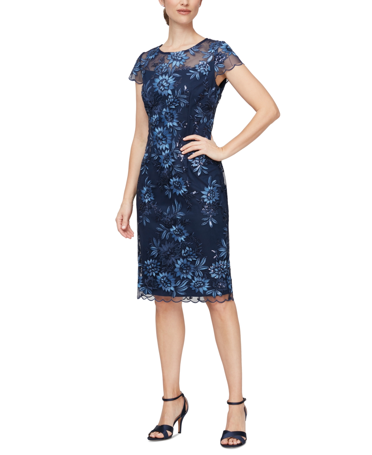 Shop Alex Evenings Women's Sequined Embroidered Dress In Navy