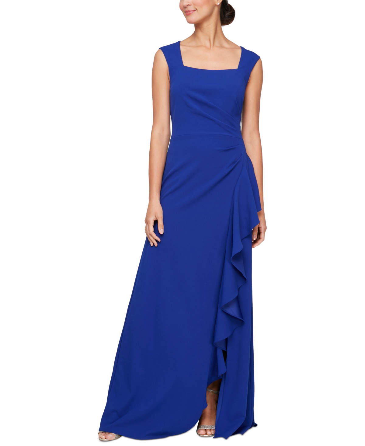 Alex Evenings Women's Ruffled Square-neck Sleeveless Gown In Royal