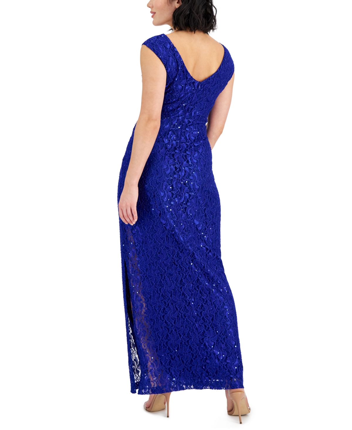 Shop Connected Petite Sleeveless Embellished Lace Gown In Cobalt Blue