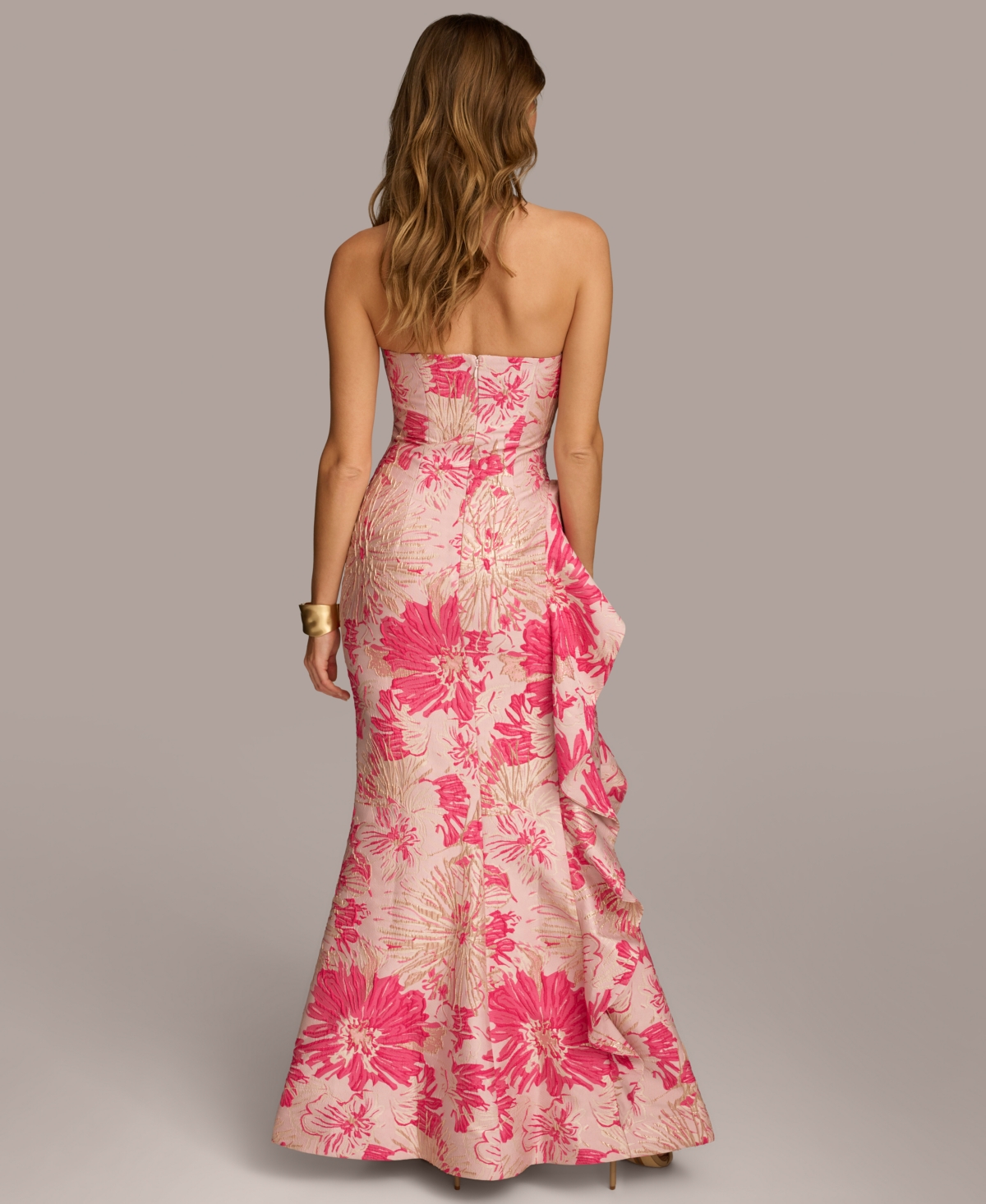 Shop Donna Karan Women's Floral-jacquard Ruffled Strapless Gown In Fuschia Multi