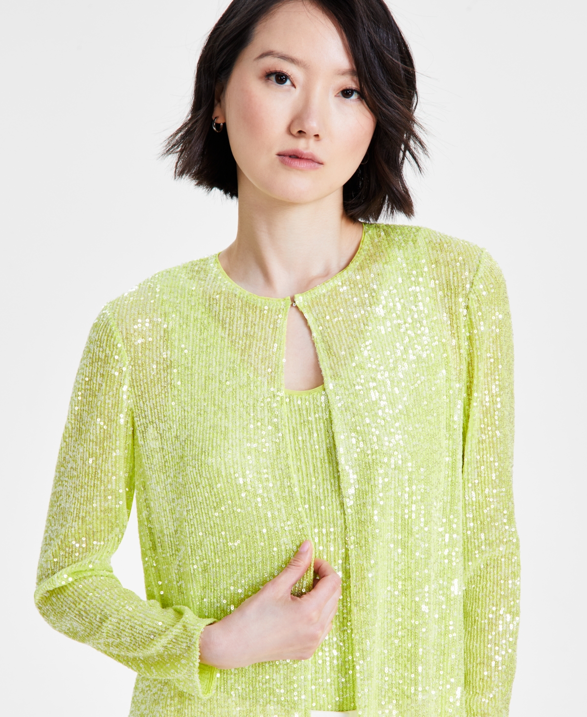 Anne Klein Petite Sequined Long Side-Slit Cardigan