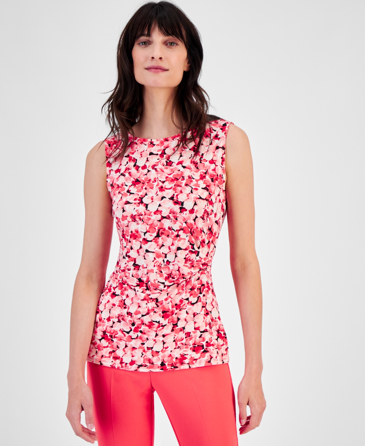 Petite Floral-Print Pleated-Waist Sleeveless Top - Red Pear