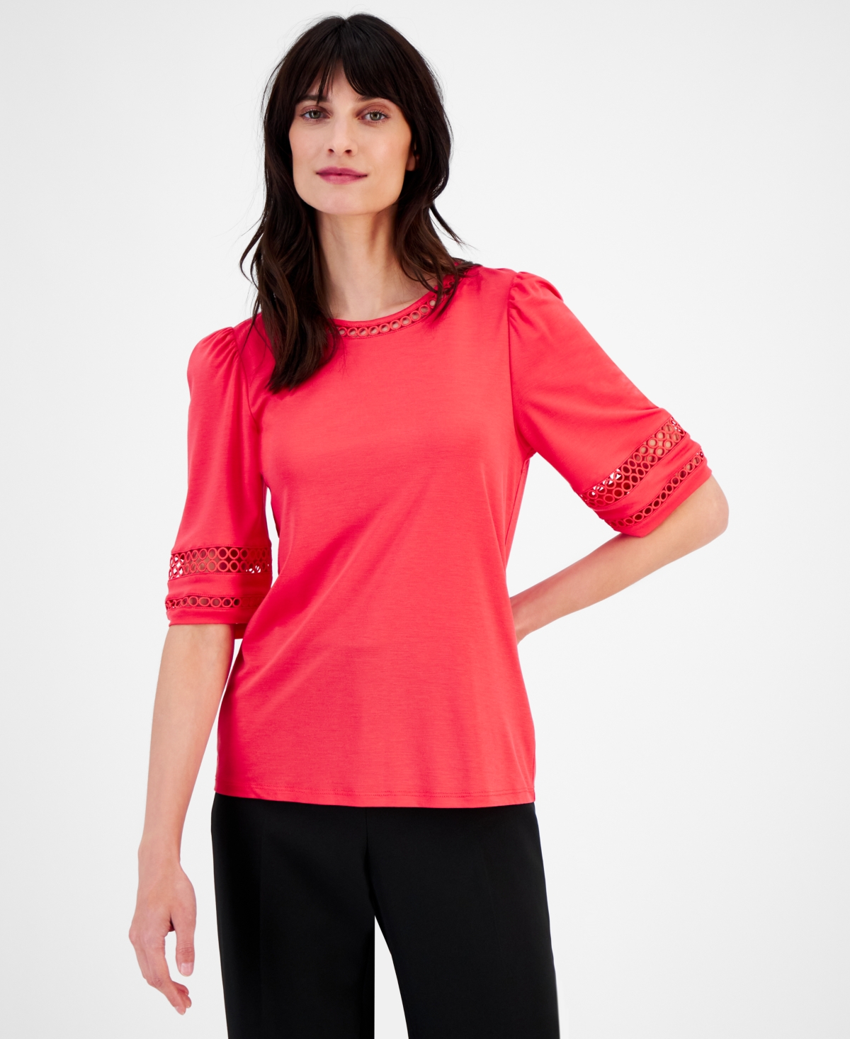 Women's Harmony Knit Open-Trim Elbow-Sleeve Top, Created for Macy's - Red Pear