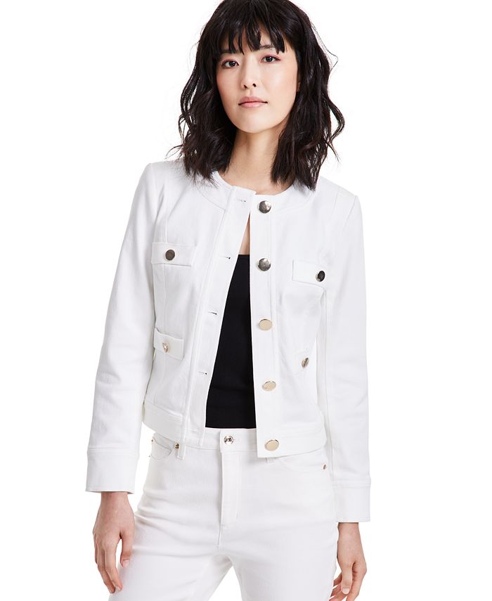 Anne Klein Women s Collarless Denim Jacket Soft White Size XXS