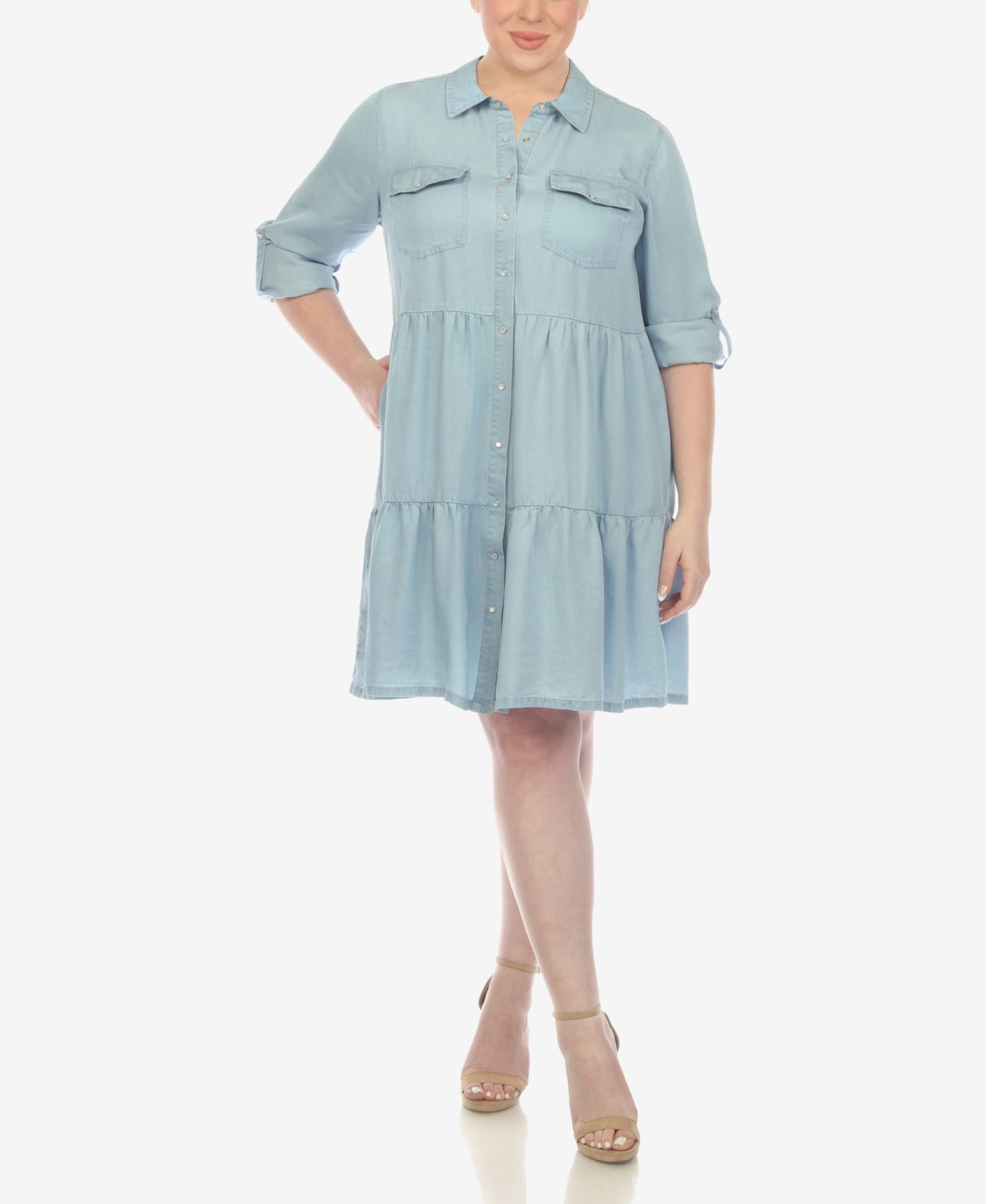 Женское платье White Mark Plus Size Long Sleeve Tiered Midi Shirt Dress, цвет: Джинсовый синий — фото 5