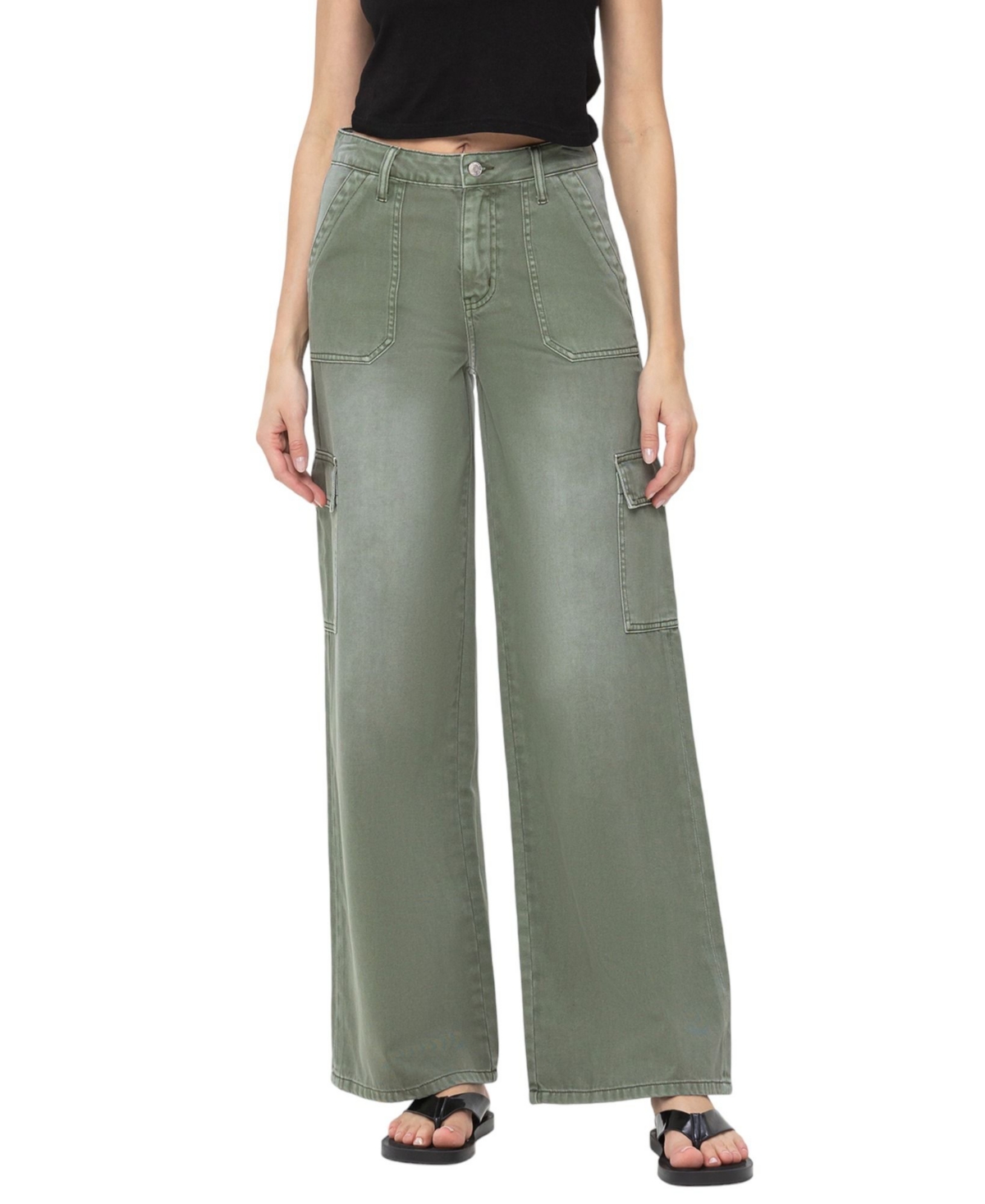 Women's High Rise Utility Cargo Wide Leg Jeans - Army green
