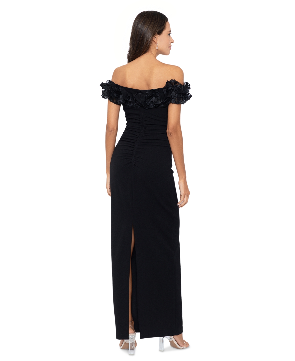 Shop Xscape Petite Floral-applique Off-the-shoulder Gown In Black